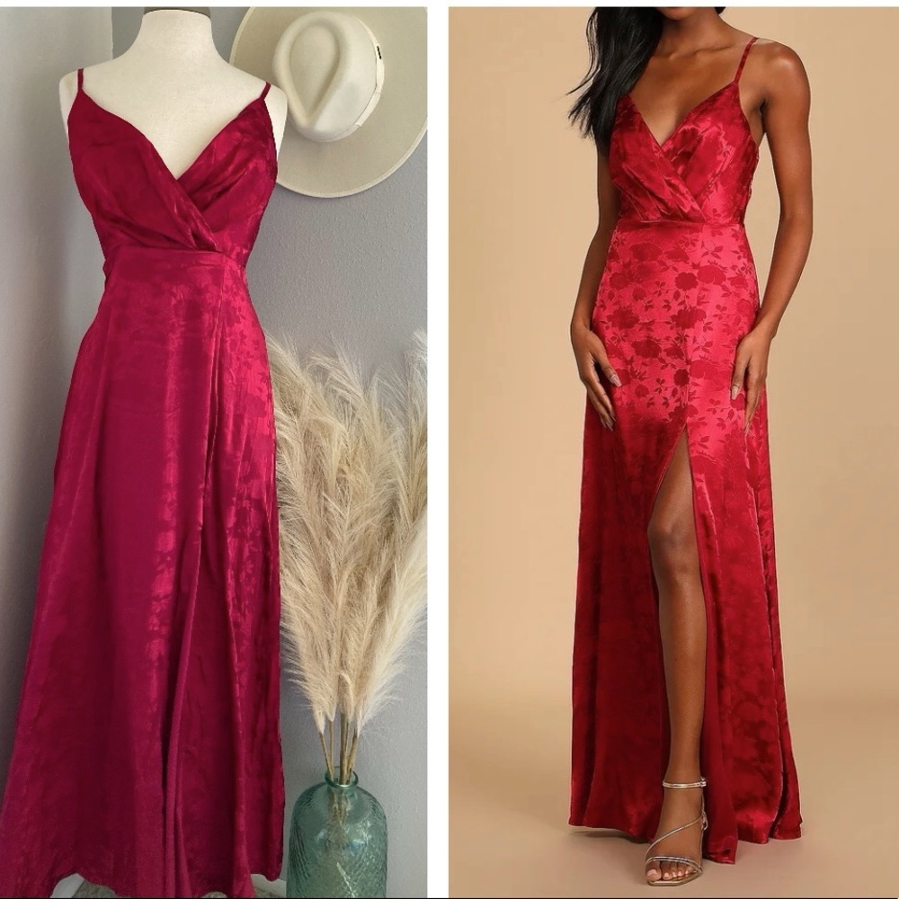 Lulus Radiant Refinement Burgundy Satin Jacquard Maxi Dress